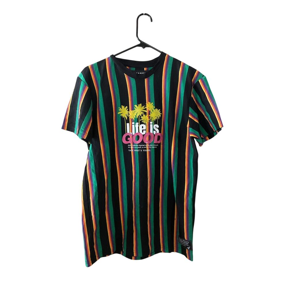 Reason Brand Co SS21 Life Is Good Graphic Striped T-Shirt Men’s M Palm Tree